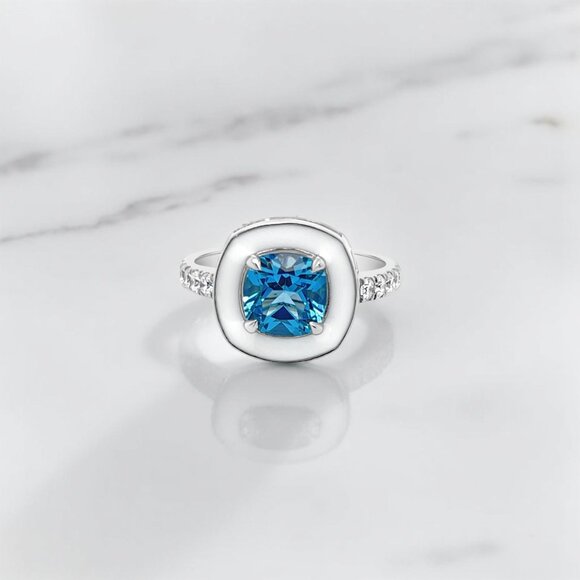 Cushion Cut Blue Topaz and White Enamel Ring in 925...